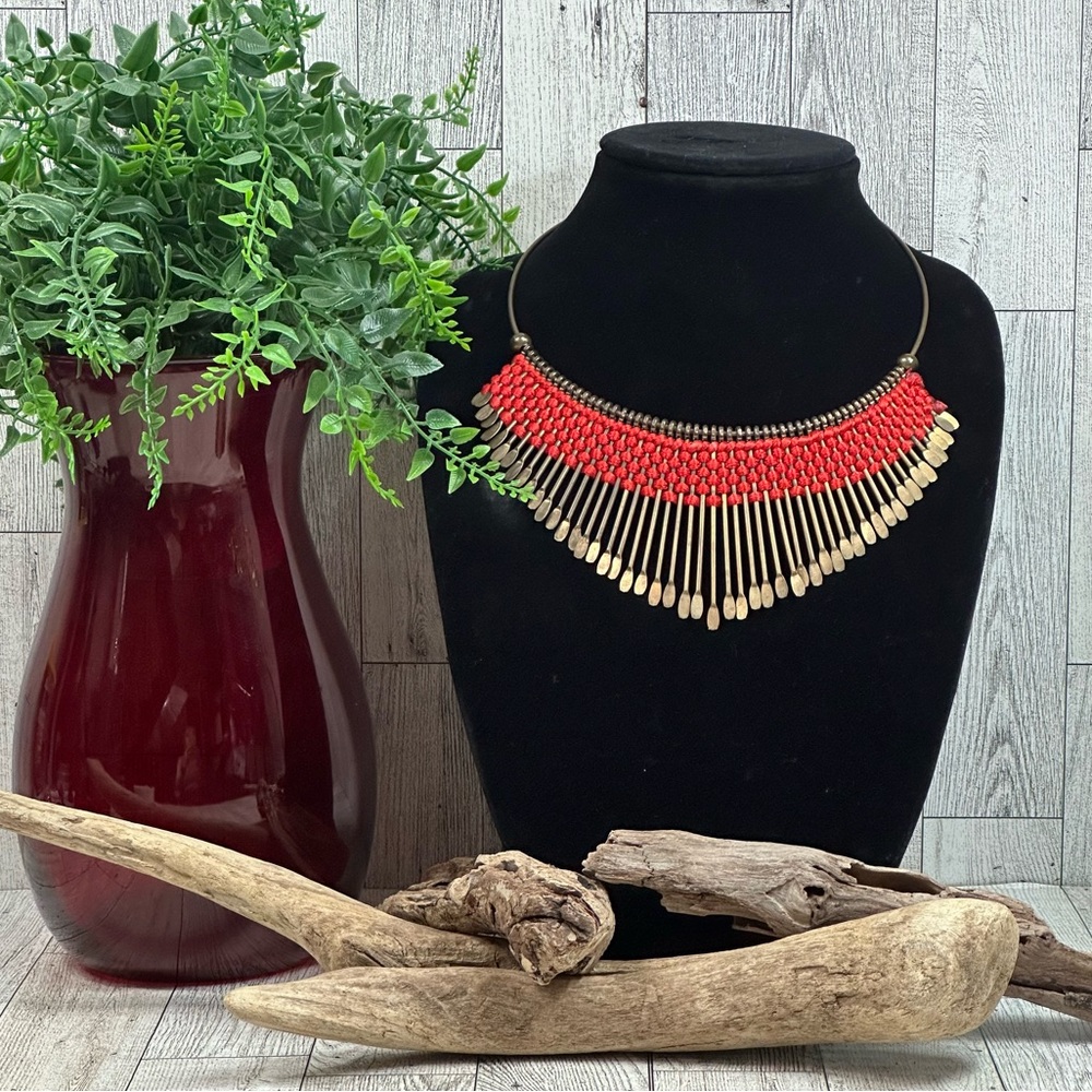Handmade Collar Necklace Red Threads Threaded On Antiqued Brass